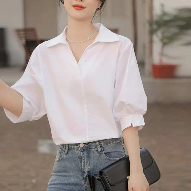 Idle Style Lapel White Shirt Casual V neck Loose Lantern Sleeve White - Shop at LoveMi