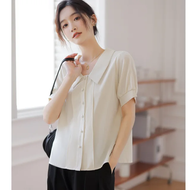 French Style White Short sleeved Chiffon Shirt With Doll Collar Retro Lantern Sleeve Apricot - Shop at LoveMi