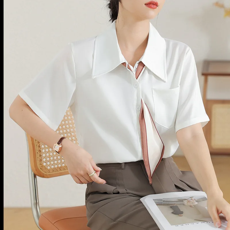 Bow Lapel Drape Professional Chiffon Shirt White - Shop at LoveMi