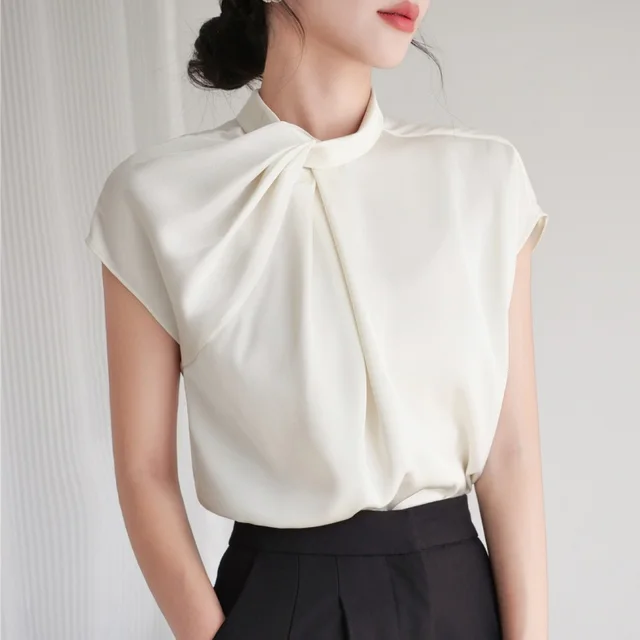 Design Sense Niche Pleated Temperament Commute Stand Collar Shirt Champagne - Shop at LoveMi
