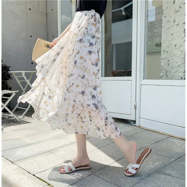 Vacation Style Floral Skirt Chiffon Dress Skirt One piece Ruffled 6663 Floral Beige - Shop at LoveMi