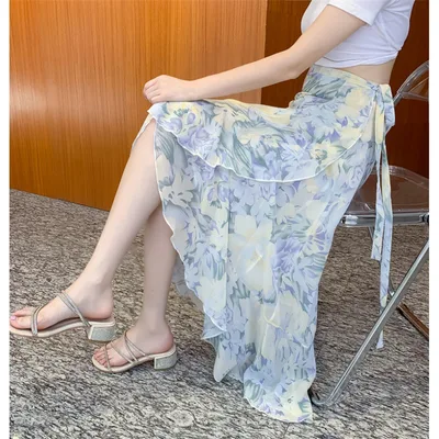 Vacation Style Floral Skirt Chiffon Dress Skirt One piece Ruffled 8119 Flower In Ink - Shop at LoveMi