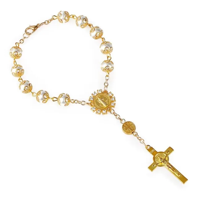 Beads Artificial Glass Pearl Cross Bracelet Gold - Shop at LoveMi