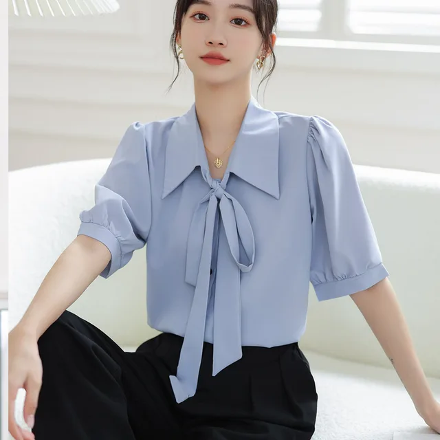 Smoke Blue Short sleeved Chiffon Shirt Korean Style Ribbon Top Design Sense Blue - Shop at LoveMi
