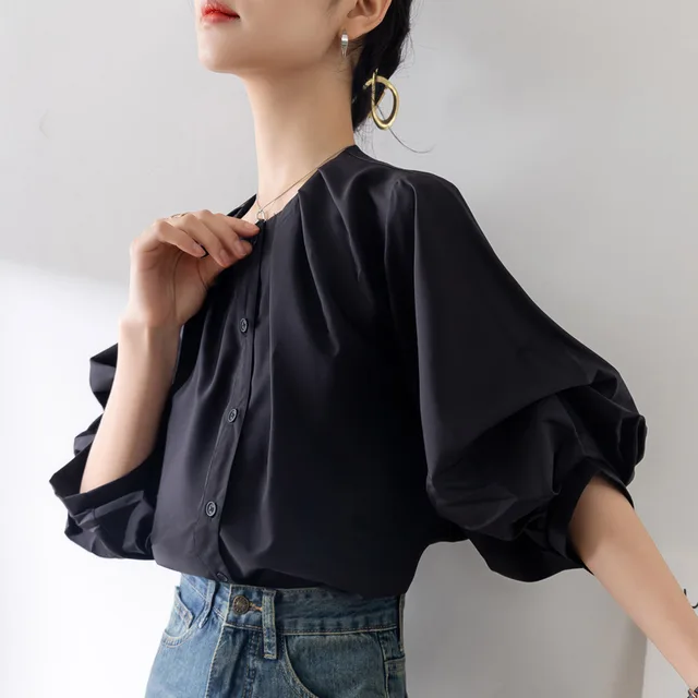 French Style Retro Lantern Sleeve White Shirt Design Sense Niche Black - Shop at LoveMi