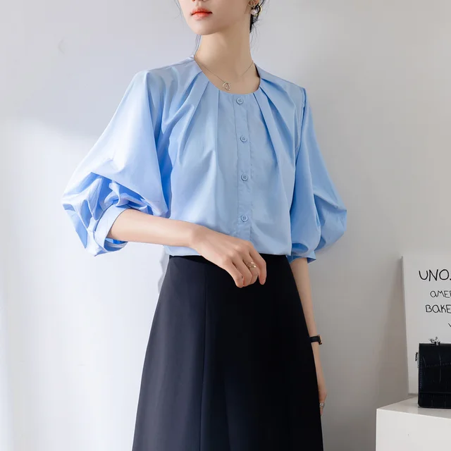 French Style Retro Lantern Sleeve White Shirt Design Sense Niche Blue - Shop at LoveMi