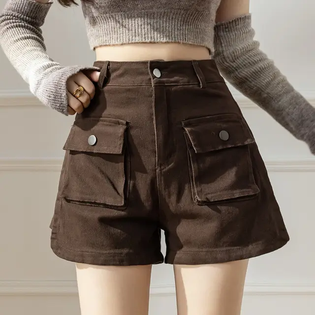 Casual Denim Shorts High Waist Stretch American Workwear Brown - Shop at LoveMi