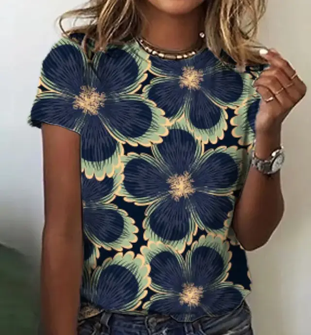 Loose Plus Size Sweet Floral 3d Printed Round Neck Short sleeved Summer Clothes Women's T shirt Picture Color - Shop at LoveMi
