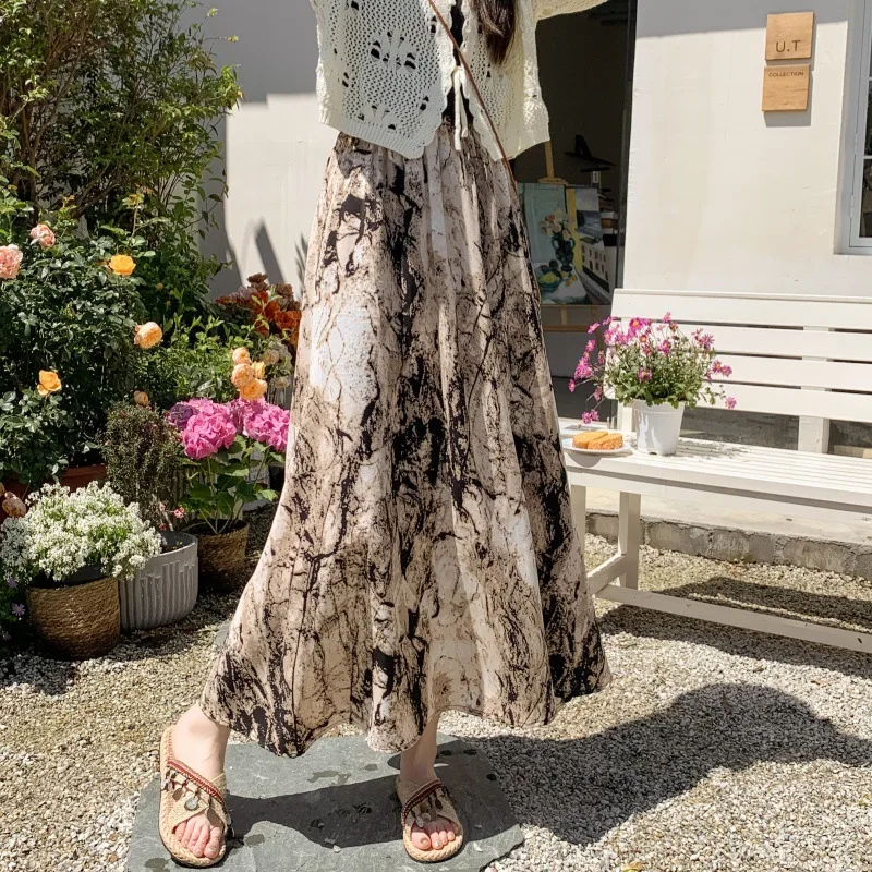Fashionable All match Vintage Ink Print Large Swing Skirt Ink Coffee - Shop at LoveMi