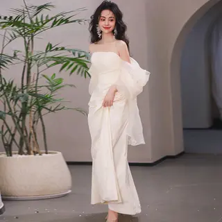 Tube Top Light Wedding Dress Bride Simple Long - Beige