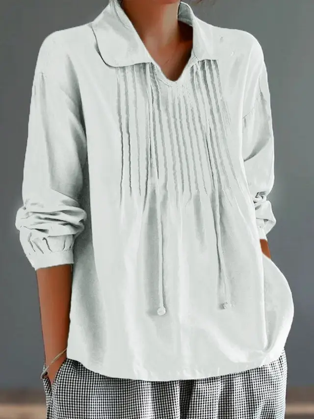 Loose Cotton And Linen Long Sleeve Women's Pleated Lapel Shirt White - Shop at LoveMi