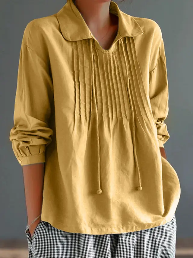 Loose Cotton And Linen Long Sleeve Women's Pleated Lapel Shirt Yellow - Shop at LoveMi