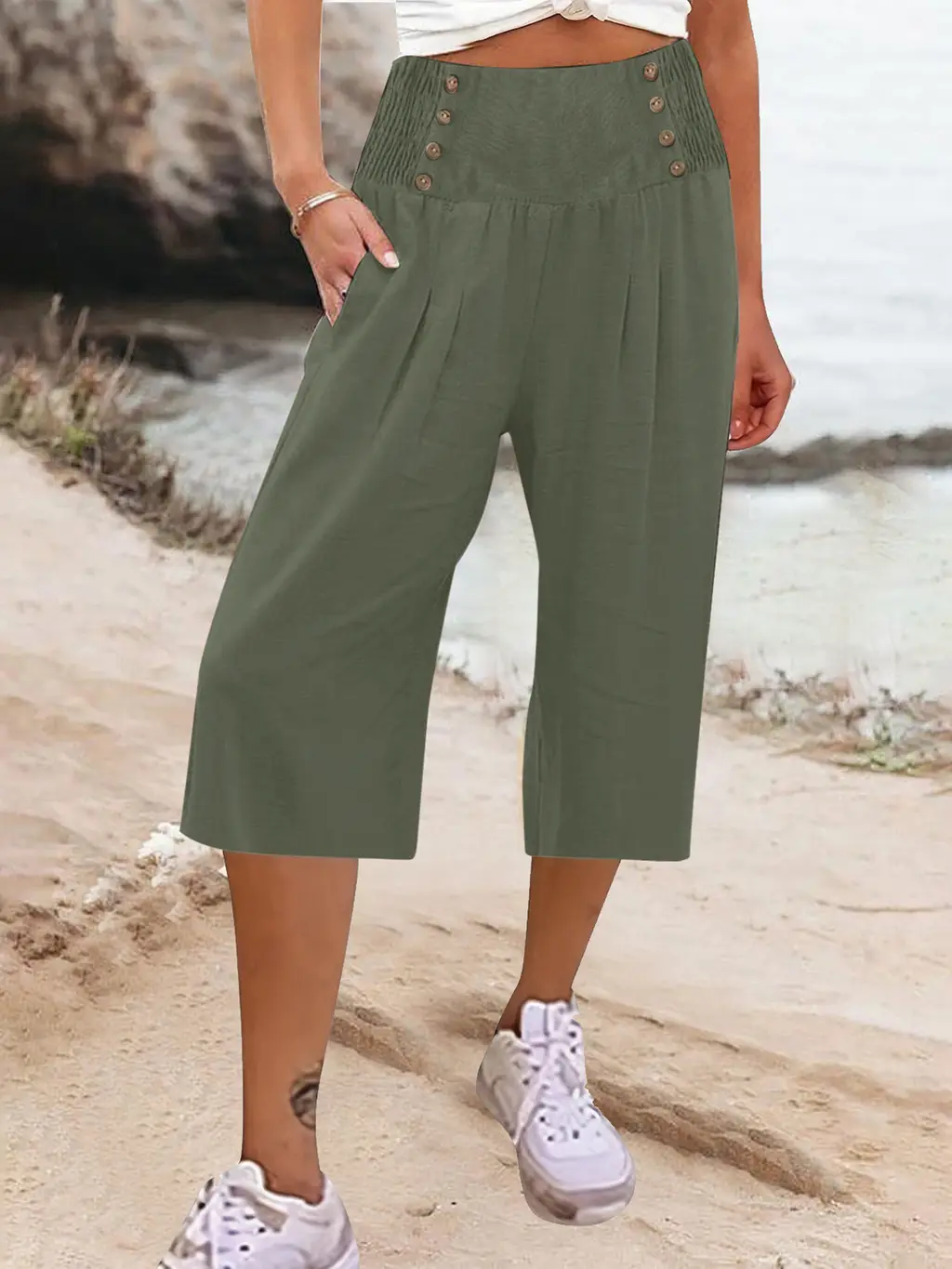 Women's Cotton And Linen Solid Color Buttons Loose Casual Cropped Pants - Army Green