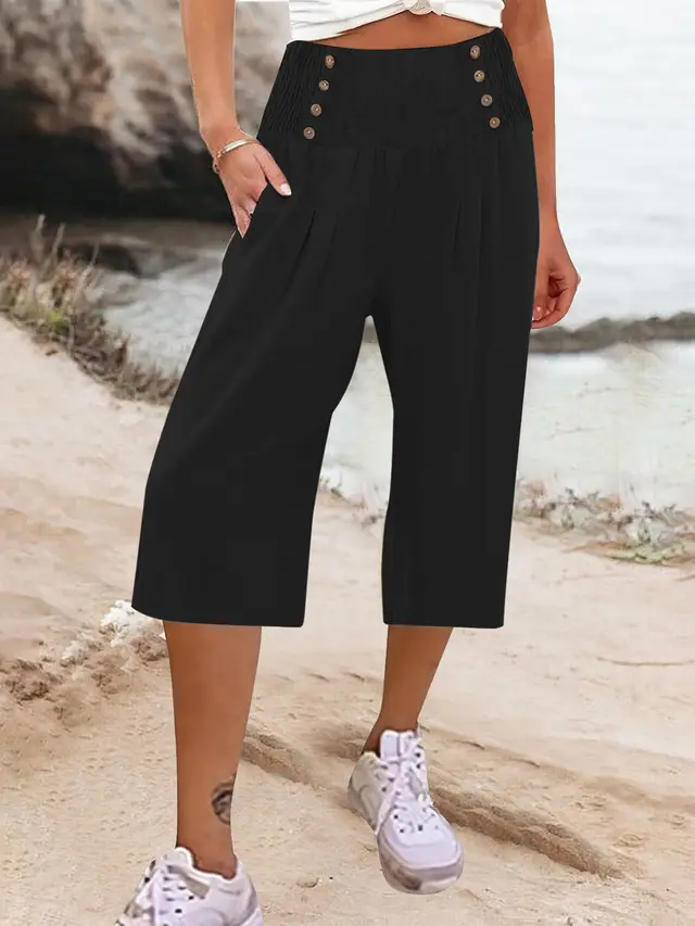 Women's Cotton And Linen Solid Color Buttons Loose Casual Cropped Pants Black - Shop at LoveMi