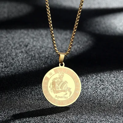 Stainless Steel Constellation Pendant Necklace Gold Medal Necklace Aquarian Gold - Shop at LoveMi