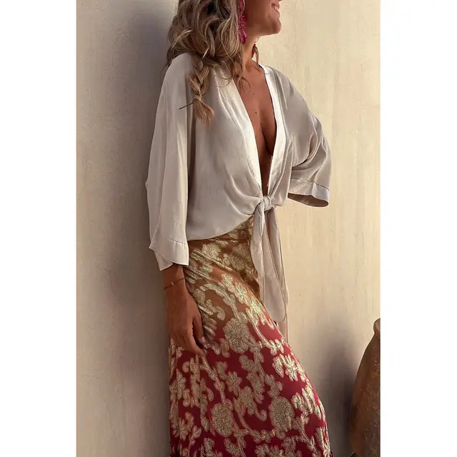 Women's Casual Lace Up 34 Sleeve Loose Vacation Multi color Shirt Apricot - Shop at LoveMi