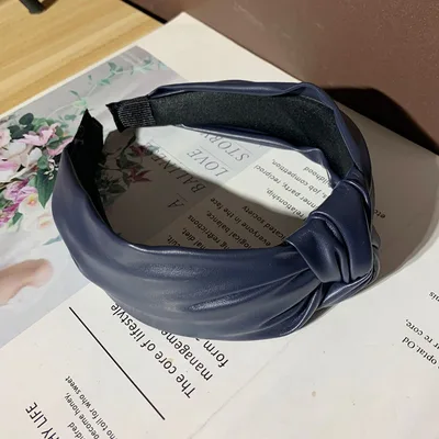 Simple PU Leather Knotted Wide Brim Hair Band Purplish Blue - Shop at LoveMi