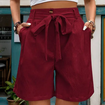 Women's Simple Casual Lace Up Elastic Waist Solid Color Shorts Wine - Shop at LoveMi