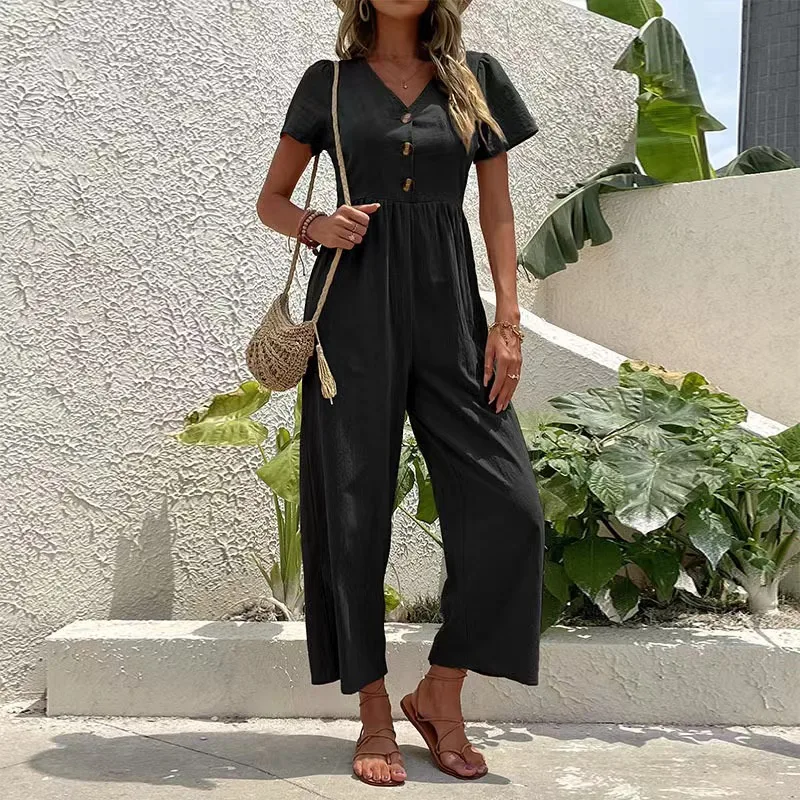 Women's Casual Summer Wide-leg Jumpsuit - Black