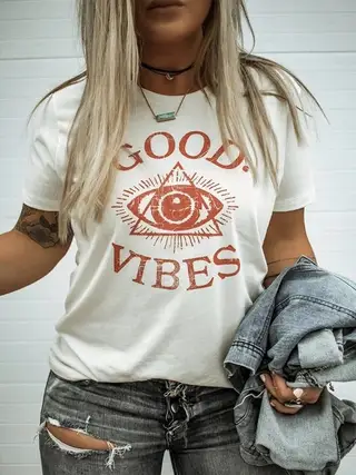 Women's Clothes Top Eye Graphic Print Crew Neck Short Sleeve T-shirt - Beige