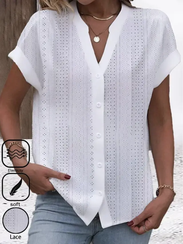 Summer Simplicity Casual V neck Solid Color Shirt For Women White - Shop at LoveMi
