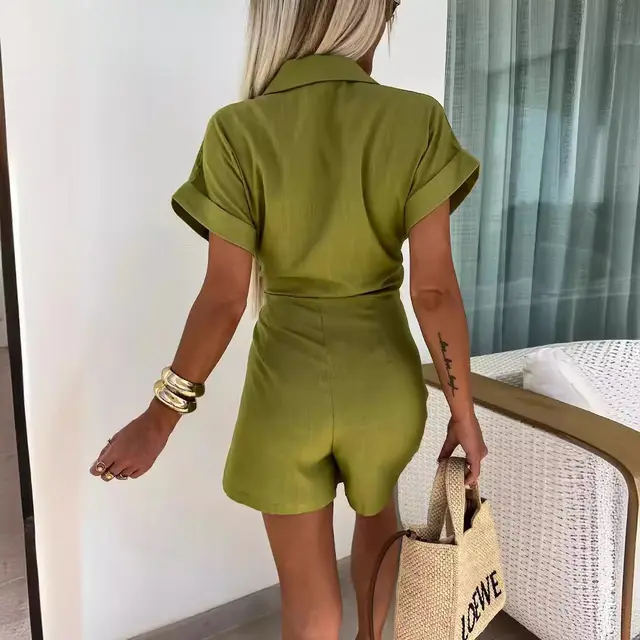 Women's Short sleeved Cotton And Linen Top Jumpsuit Olive - Shop at LoveMi