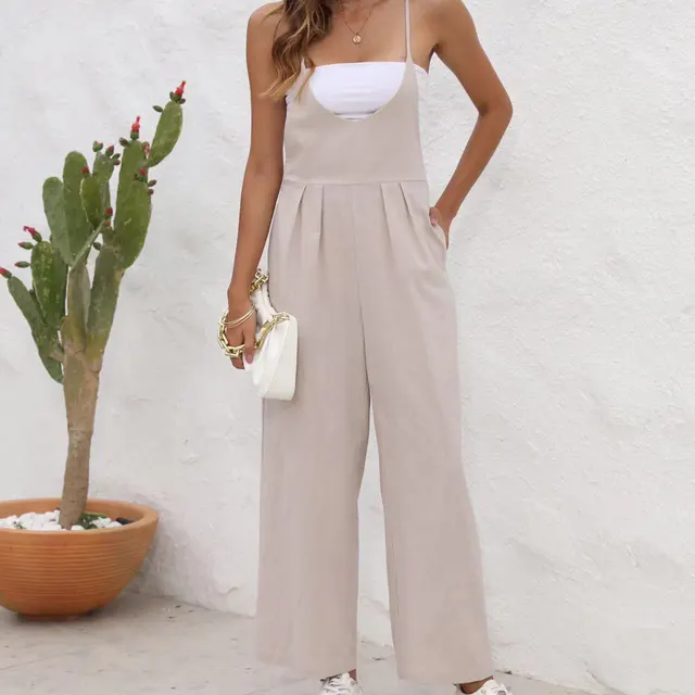 Women's Solid Color Casual Jumpsuit Khaki - Shop at LoveMi