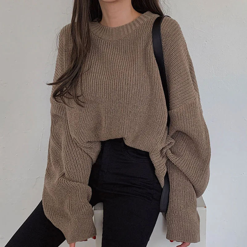 Loose Casual Solid Color Long Sweater For Women Brown - Shop at LoveMi