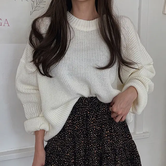 Loose Casual Solid Color Long Sweater For Women White - Shop at LoveMi