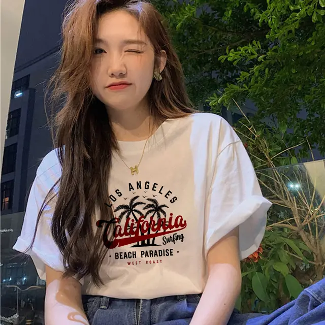 Short sleeved Women's Clothing Ins Fashion Printing Fashion All matching Letter Coconut Tree - Shop at LoveMi