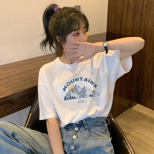 Short sleeved Women's Clothing Ins Fashion Printing Fashion All matching Mountain Peak - Shop at LoveMi