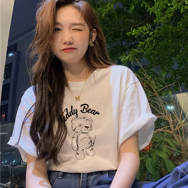 Short sleeved Women's Clothing Ins Fashion Printing Fashion All matching Sketch Bear - Shop at LoveMi
