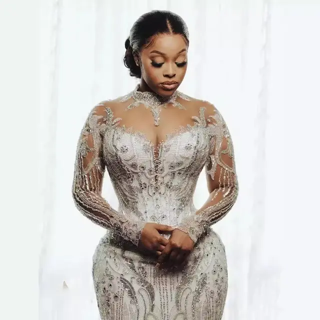 Wedding Dress African Bridal Lace Long Sleeve Fishtail White - Shop at LoveMi