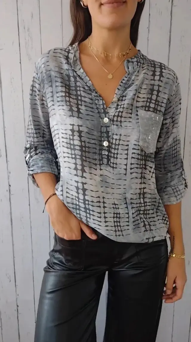 European And American V neck Half Button Plaid Shirt Half Sleeve Sequined Pocket Button Gray - Shop at LoveMi