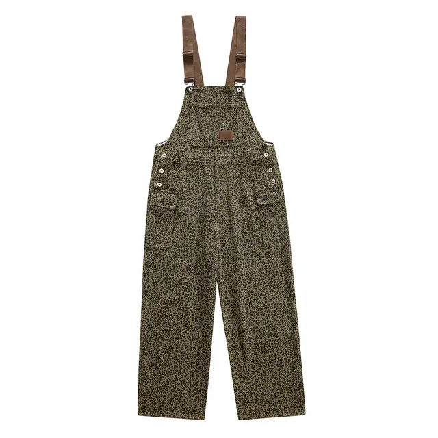 Leopard Print Denim Suspender Pants Men's High Street Loose Camouflage - Shop at LoveMi