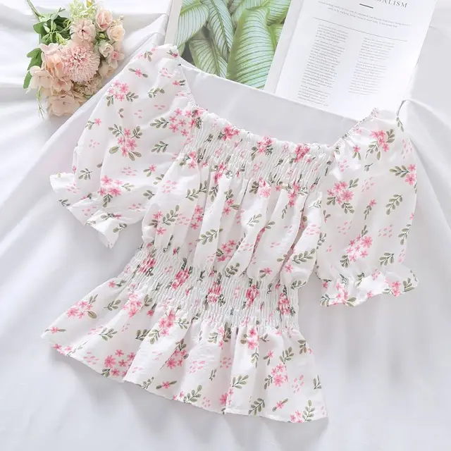 Korean Style Sweet Waist tight Puff Sleeve Off shoulder Square Short Sleeve Pink Small Flower - Shop at LoveMi