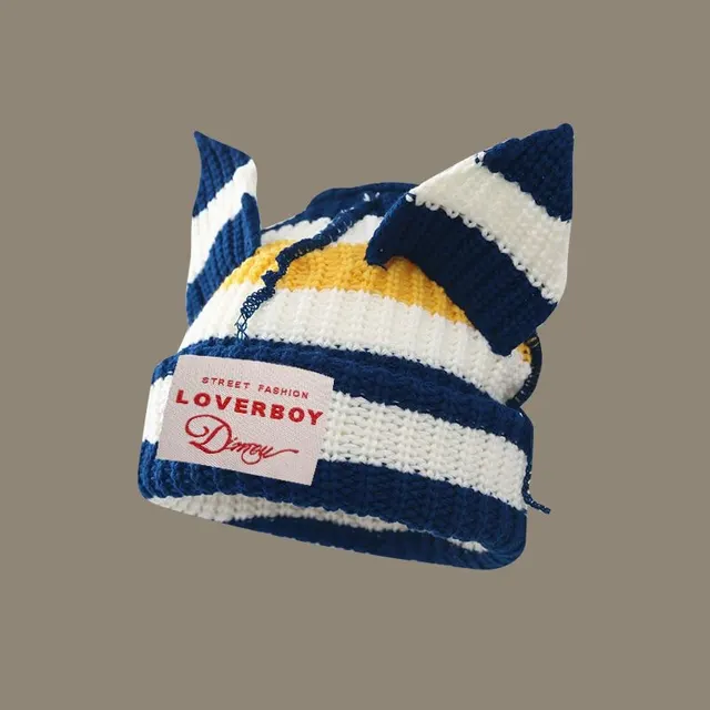 Wool Knitted Woolen Cap Cute Warm Dark Blue White - Shop at LoveMi