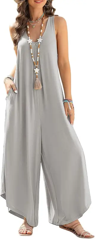 Women's Casual Sleeveless V-neck Pocket Wide Leg Jumpsuit - Gray