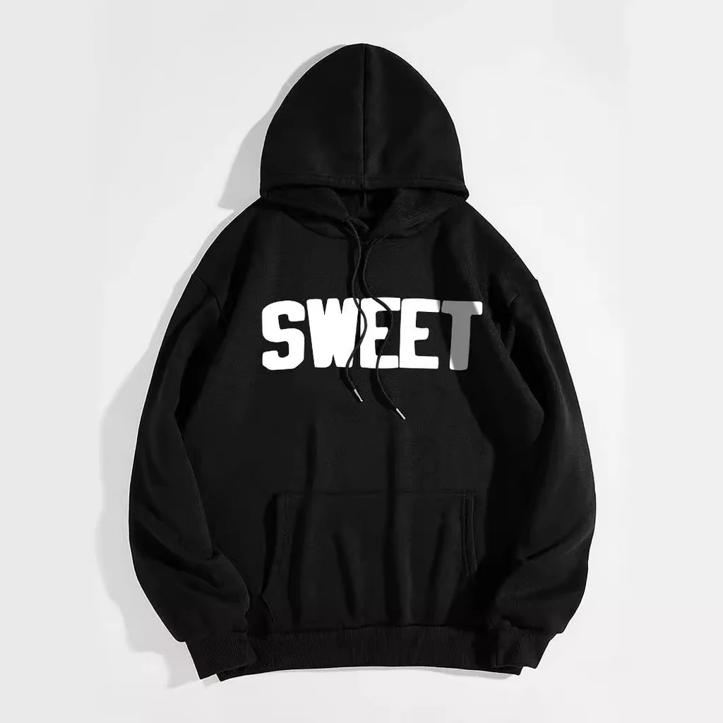 Letter Printed Kangaroo Pocket Drawstring Printed Hoodie - Black