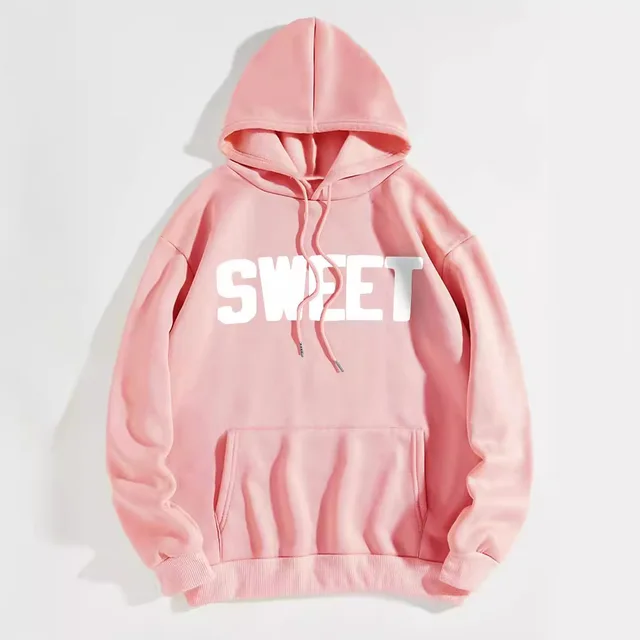Letter Printed Kangaroo Pocket Drawstring Printed Hoodie Pink - Shop at LoveMi