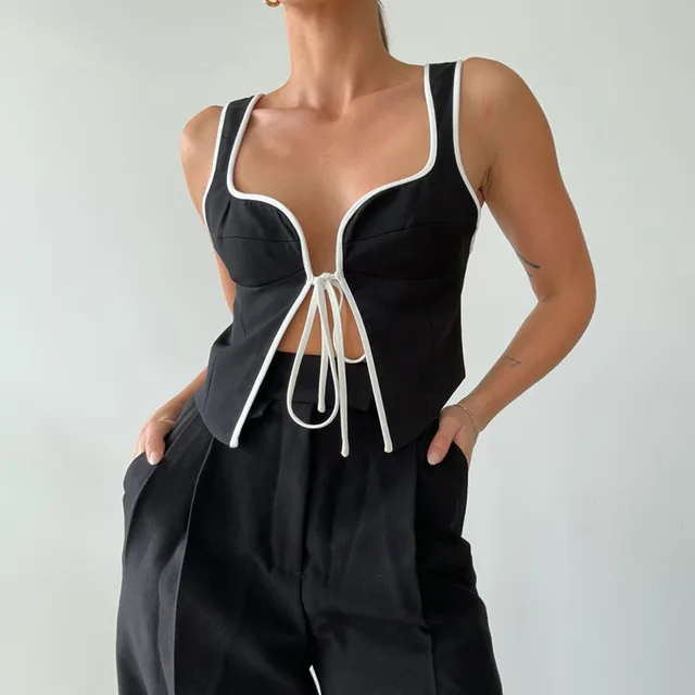 Pure Black Elegant Shoulder Strap Vest Design Beautiful Back Black - Shop at LoveMi