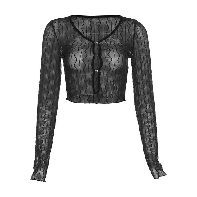 Women's Pure Color Mesh Cardigan Long Sleeve Short T shirt Black - Shop at LoveMi