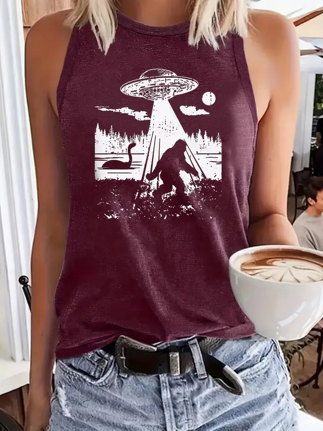 Women's Fashionable Letter Printed Round Neck Vest Dark Red - Shop at LoveMi