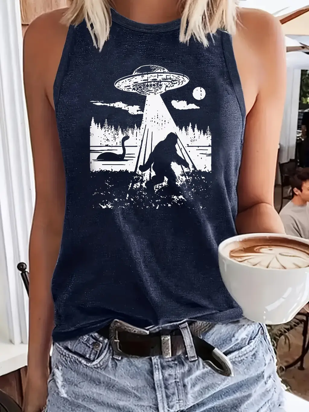 Women's Fashionable Letter Printed Round Neck Vest - Navy Blue