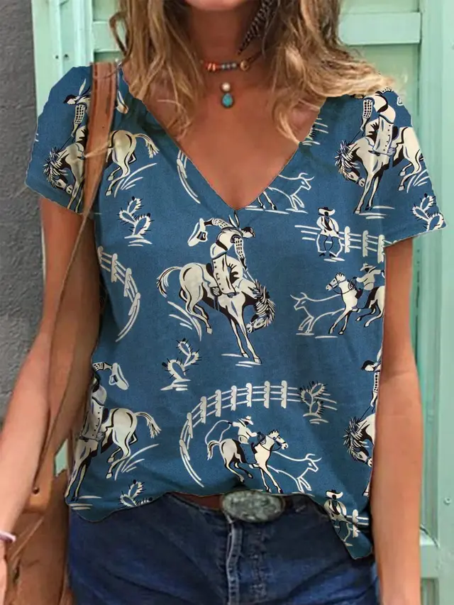 Retro Pattern 3D Printed V neck Short sleeved T shirt Women's Top 2 Style - Shop at LoveMi