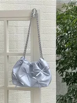 Knotted Chain Cross-body Tote Bag Casual Cute Soft Leather Single Shoulder Bucket Bag - Blue