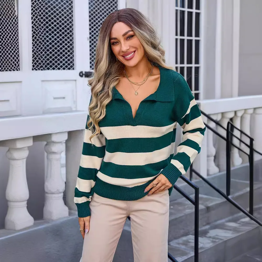 Women's Sweater Striped Stitching PLOL Collar Green - Shop at LoveMi