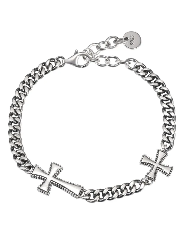 Sterling Silver Double Cross Cuban Link Chain Bracelet Men's Hip Hop Silver - Shop at LoveMi