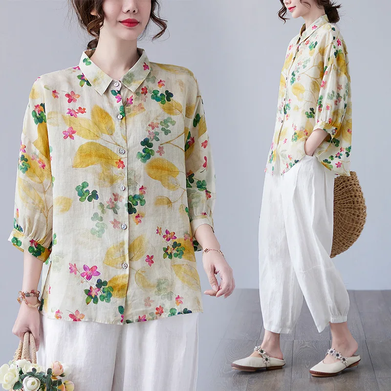 Women's Loose Retro Western Style Elegant Floral Cotton And Linen Shirt - Floral