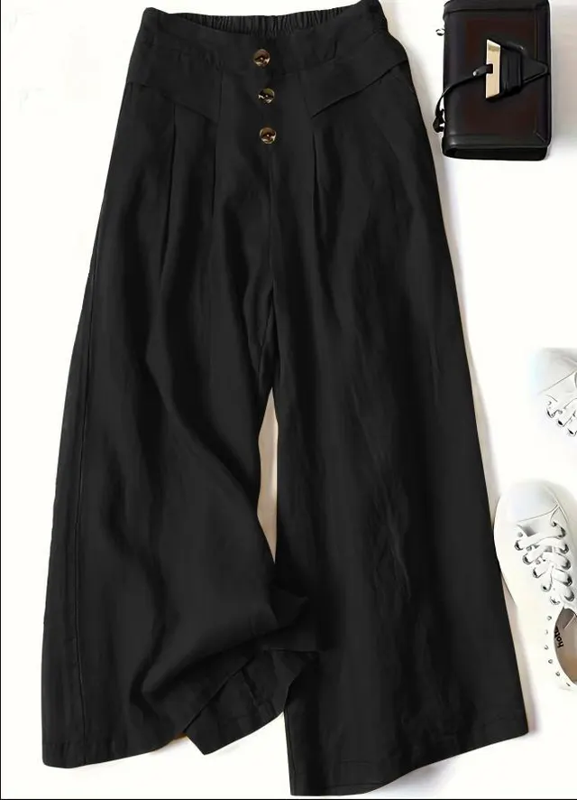 Women's Cotton And Linen Wide leg Pants Draping Loose Half Elastic High Waist Slimming Black - Shop at LoveMi
